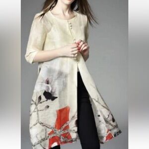 Elenyun Silk/Linen sheer floral half sleeve button front jacket Top size large